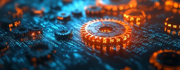 digital gears and binary code background with copy space, mechanical cogs in orange color on a blue hologram technology screen