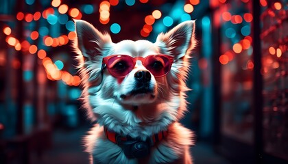 Wall Mural - Charming Chihuahua sporting sunglasses against a vibrant bokeh backdrop