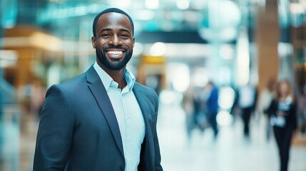 Wall Mural - Confident businessman smiling in modern office environment