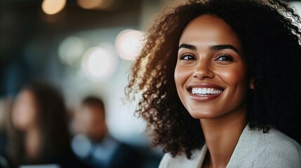 Sticker - Happy Woman with Curly Hair in Modern Workspace