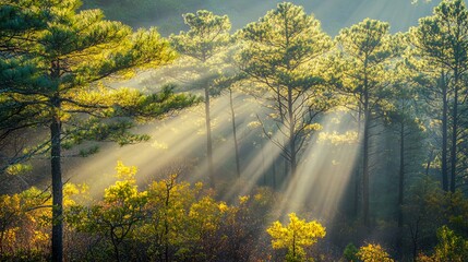 Wall Mural - Sunbeams breaking through the mist in a dense forest, creating a magical atmosphere.