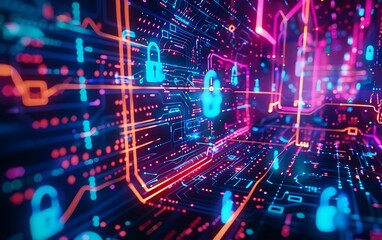 Poster - Abstract Digital Flow with Interconnected Nodes and Holographic Lock Symbols