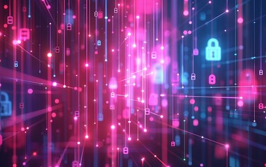 Poster - Abstract Digital Flow with Interconnected Nodes and Holographic Lock Symbols