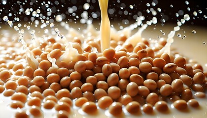 Wall Mural - dynamic splash of soy milk with scattered soybean seeds