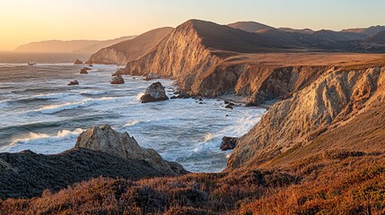 Wall Mural - Rugged coastline with crashing waves at sunset, showcasing dramatic cliffs and a golden sky.