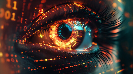 Wall Mural - a close-up of an eye, surrounded by glowing data streams and numbers, symbolizing artificial intelli
