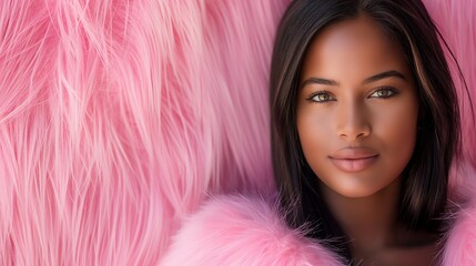 Wall Mural - Close up of a woman's face with pink fur.