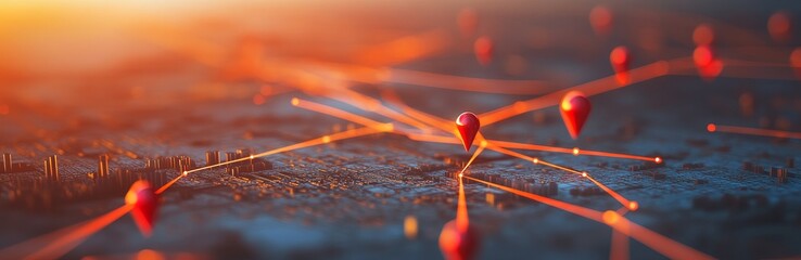 Canvas Print - Abstract image of red pins connected with glowing lines on a futuristic, dark blue surface with a blurred orange background.