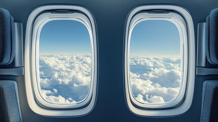 Airplane window template showing a dual view of the inside seat and outside sky with clouds, evoking travel and adventure.