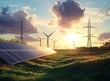 © adri - Solar panels, wind turbines, and power lines in a field at sunset.