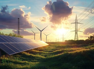 solar panels, wind turbines, and power lines in a field at sunset.