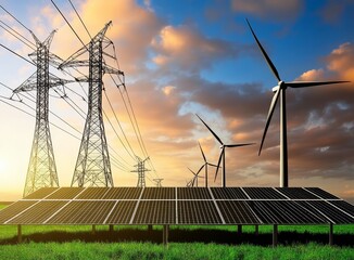 Solar panels, wind turbines and power lines in a green field at sunset.