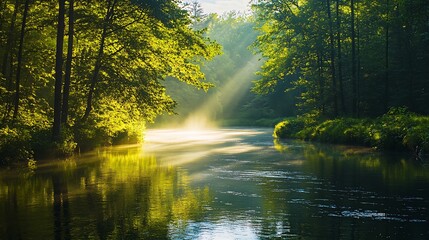 Wall Mural - Sunlight streams through trees and illuminates a calm river in a lush forest.