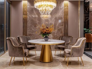 Elegant marbletop round table with brass accents, set in a luxurious hotel lobby with velvet armchairs and crystal chandeliers, reflecting soft golden light