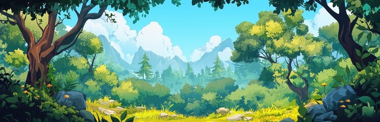 Wall Mural - Lush Green Forest Landscape with Majestic Mountain Range in the Distance