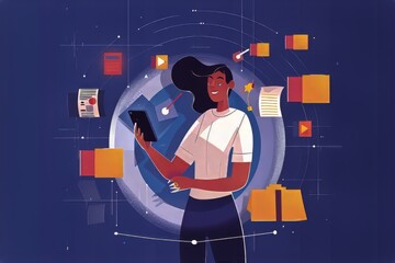 Wall Mural - Young Black woman using a tablet in a digital workspace filled with vibrant icons.
