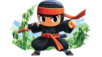 Canvas Print - Cartoon Ninja Warrior with Katana in Bamboo Forest