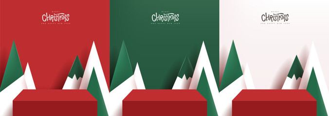 Wall Mural - merry christmas banner with product display table and artificial christmas trees backdrop
