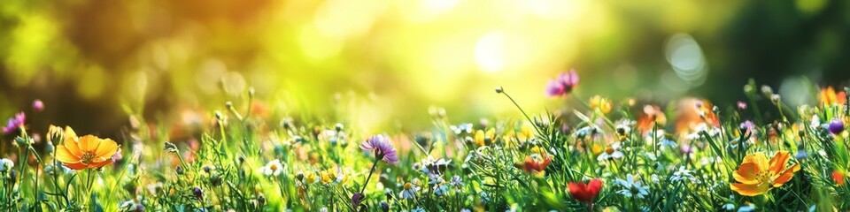 Wall Mural - a close-up view of a field of wildflowers in bloom, with the sun shining brightly in the background.