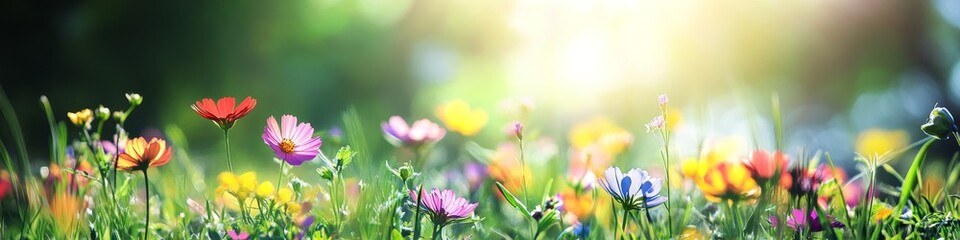 Wall Mural - a field of colorful wildflowers in the sunlit meadow.
