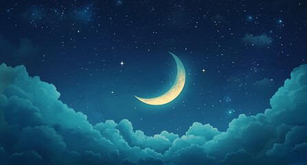 Wall Mural - a crescent moon shines brightly in a dark blue night sky filled with stars and fluffy clouds.