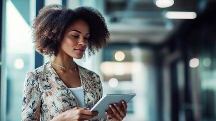 Sticker - Woman using tablet in modern office space