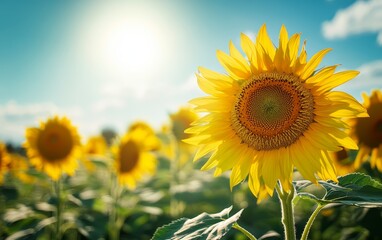Wall Mural - a close-up view of a single sunflower with a blurred background of a field of sunflowers, with a blu