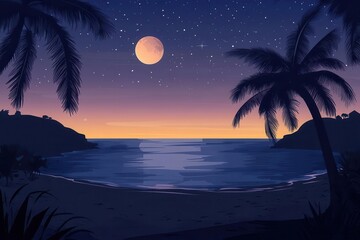 Wall Mural - starry night at the beach flat design front view night sky by the ocean animation splitcomplementary