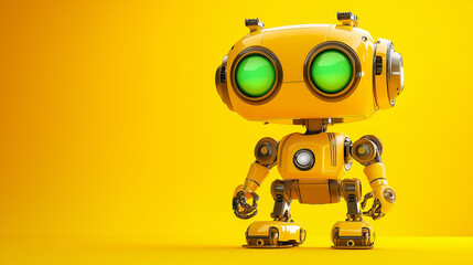 Poster - Yellow robot standing on yellow background with green eyes