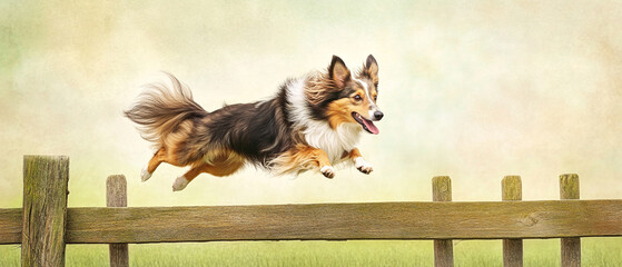 Sticker - Shetland Sheepdog Dog Leaping Over A Fence Pastoral Scene in Countryside