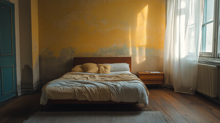 Aufkleber - Sun shining on unmade bed in old house bedroom