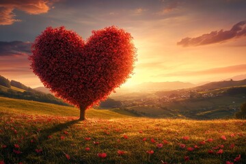 Wall Mural - heart-shaped tree in a field of red petals at sunset.