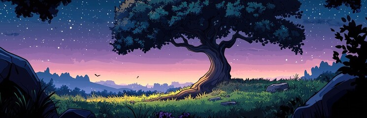 Wall Mural - A Silhouetted Tree Stands Tall Against a Night Sky With Stars and a Distant Pink Horizon