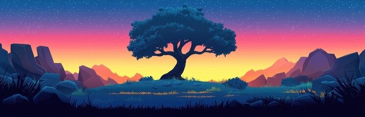 Wall Mural - Silhouetted Tree Against a Vibrant Sunset Sky with Mountains and Stars