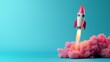 © padungsak - A colorful rocket launching with pink smoke against a blue background.