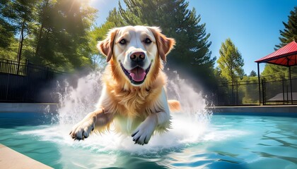 Wall Mural - Golden Retriever joyfully diving underwater in a sparkling pool