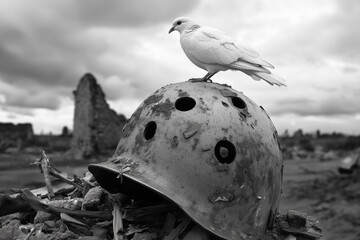 Wall Mural - White dove of peace perched on a worn soldier’s helmet or missile, surrounded by fresh green sprouts breaking through the earth, symbolizing peace and hope in the context of war and destruction.