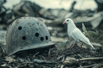 Wall Mural - White dove of peace perched on a worn soldier’s helmet or missile, surrounded by fresh green sprouts breaking through the earth, symbolizing peace and hope in the context of war and destruction.