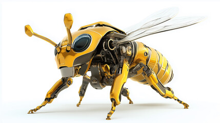 Poster - Gold robot bee standing on white surface with spread wings