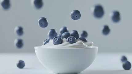 Wall Mural - Blueberries falling into bowl of yogurt on white background