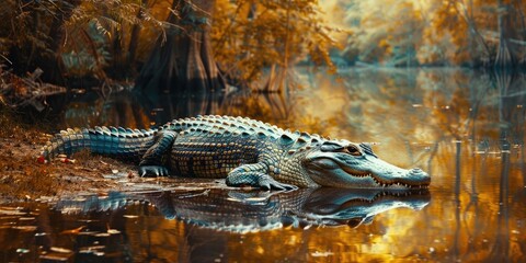 Wall Mural - Reptile lounging by the waterfront in the woodland.