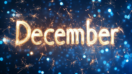 Poster - December sparkler writing on blue festive background with lights