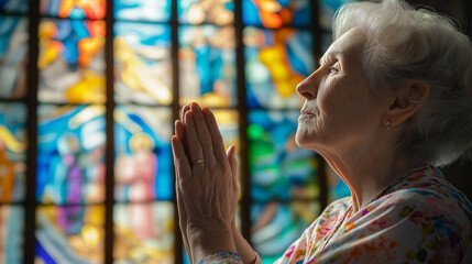 Wall Mural - Senior woman praying in church under stained glass windows