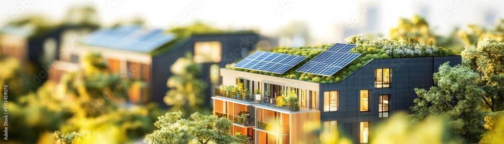 Picture of Energy-efficient apartment complex with green roofs and solar panels ...