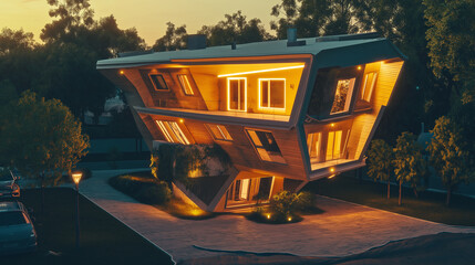 Poster - Modern geometric wooden house lighting up at twilight