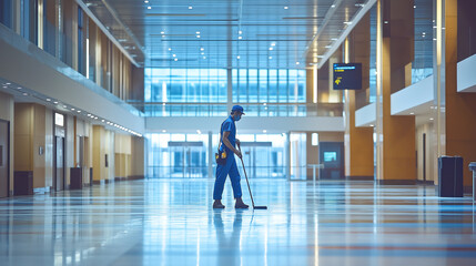 Poster - Janitor cleaning floor in modern office building at dawn