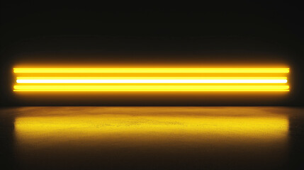 Poster - Three horizontal yellow neon tubes lighting a dark room with a reflective floor