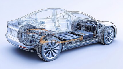 A cutaway view of an electric car, showing the battery, wiring, and other components.