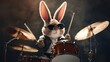 © Luxetify - A cute rabbit wearing sunglasses and a leather jacket plays drums with a serious expression.