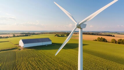 Wind-powered farm with solar panels on barn roofs, Wind and solar farm, low environmental impact agriculture